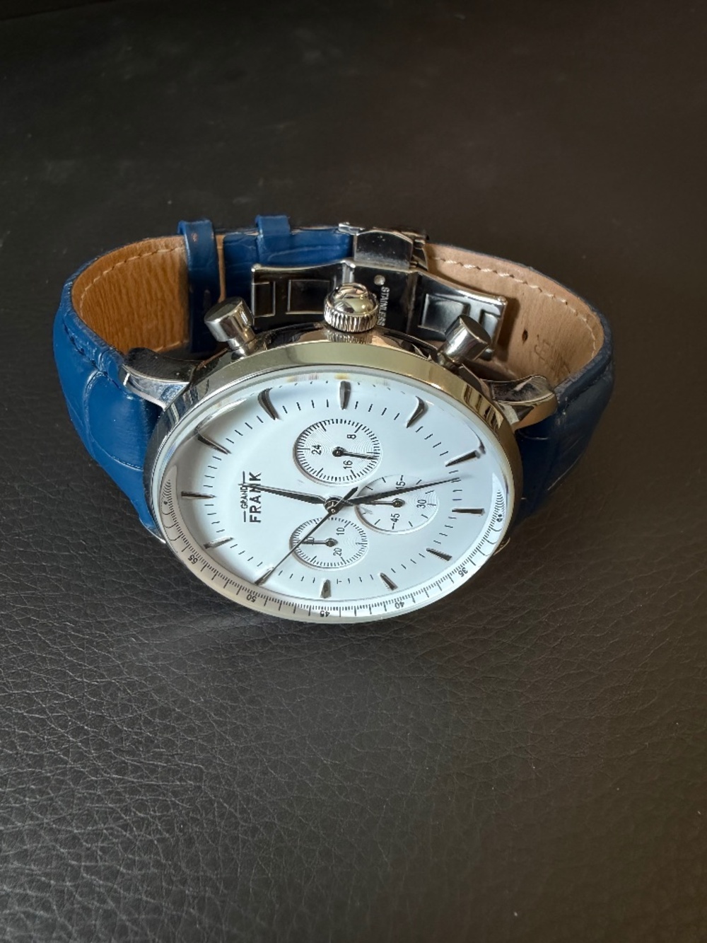 Grand Frank Quartz Montpellier White Chronograph Blue Leather Strap Watch